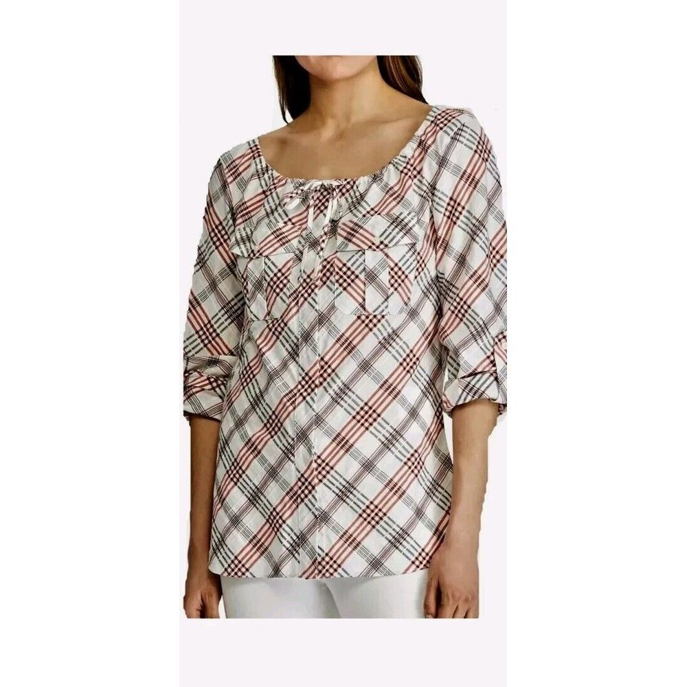 LAUREN RALPH‎ LAUREN Women's Multi Plaid Tie Neck Button Down Shirt Top Large